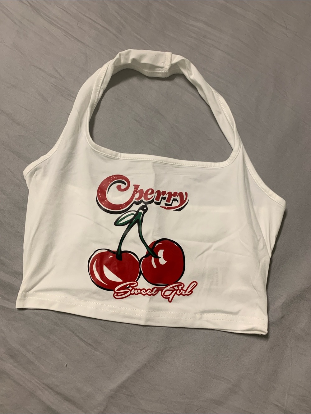 White Halter Crop Top with Cherry Graphic